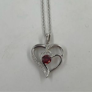 20” 925 Sterling Silver Chain Crystal Ruby Gem Double Heart Pendant Necklace